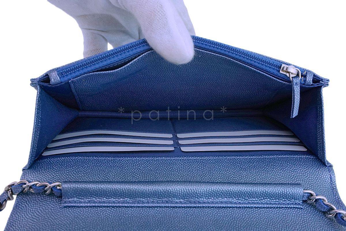 NIB 19P Chanel Pearly Blue Iridescent Chevron Wallet on Chain WOC Flap Bag - Image 9