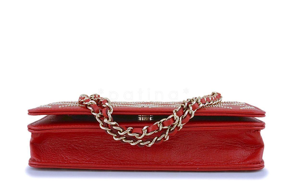 NIB 19P Chanel Red Goatskin Gold Studded Wallet on Chain WOC Flap Bag GHW  NR - Image 6