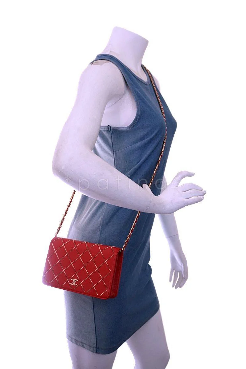 NIB 19P Chanel Red Goatskin Studded Classic Wallet on Chain WOC Flap Bag GHW - Image 15