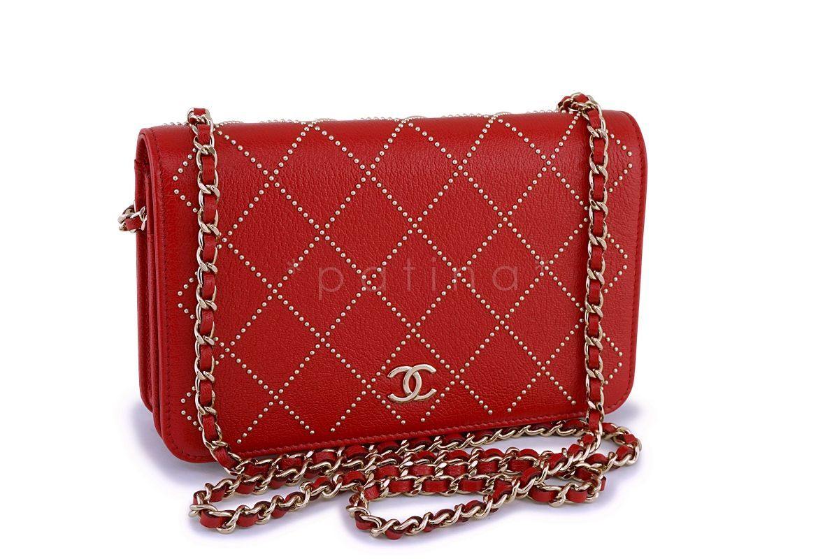NIB 19P Chanel Red Goatskin Studded Classic Wallet on Chain WOC Flap Bag GHW - Image 2