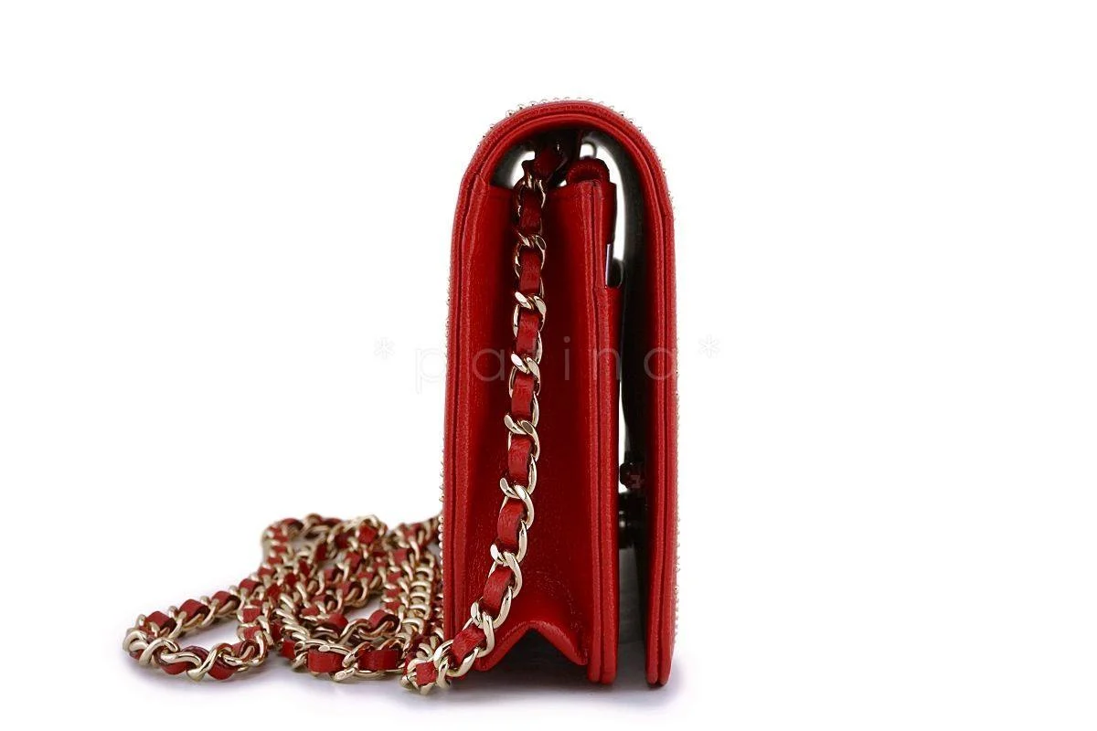 NIB 19P Chanel Red Goatskin Studded Classic Wallet on Chain WOC Flap Bag GHW - Image 4