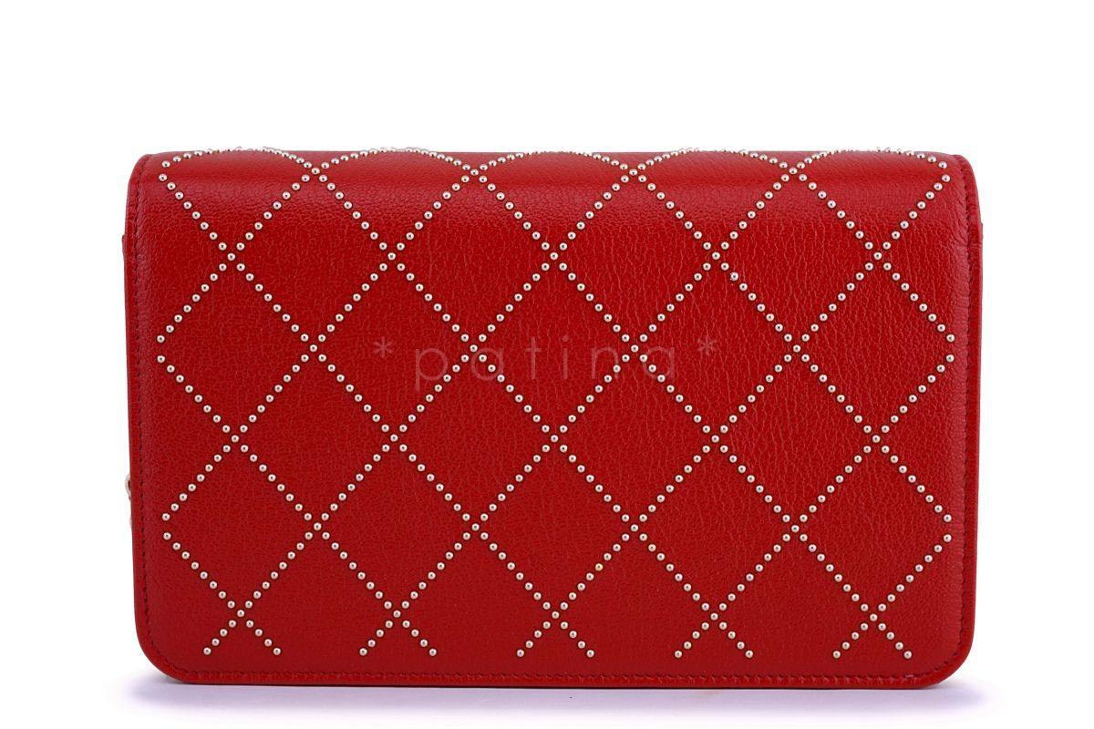 NIB 19P Chanel Red Goatskin Studded Classic Wallet on Chain WOC Flap Bag GHW - Image 5