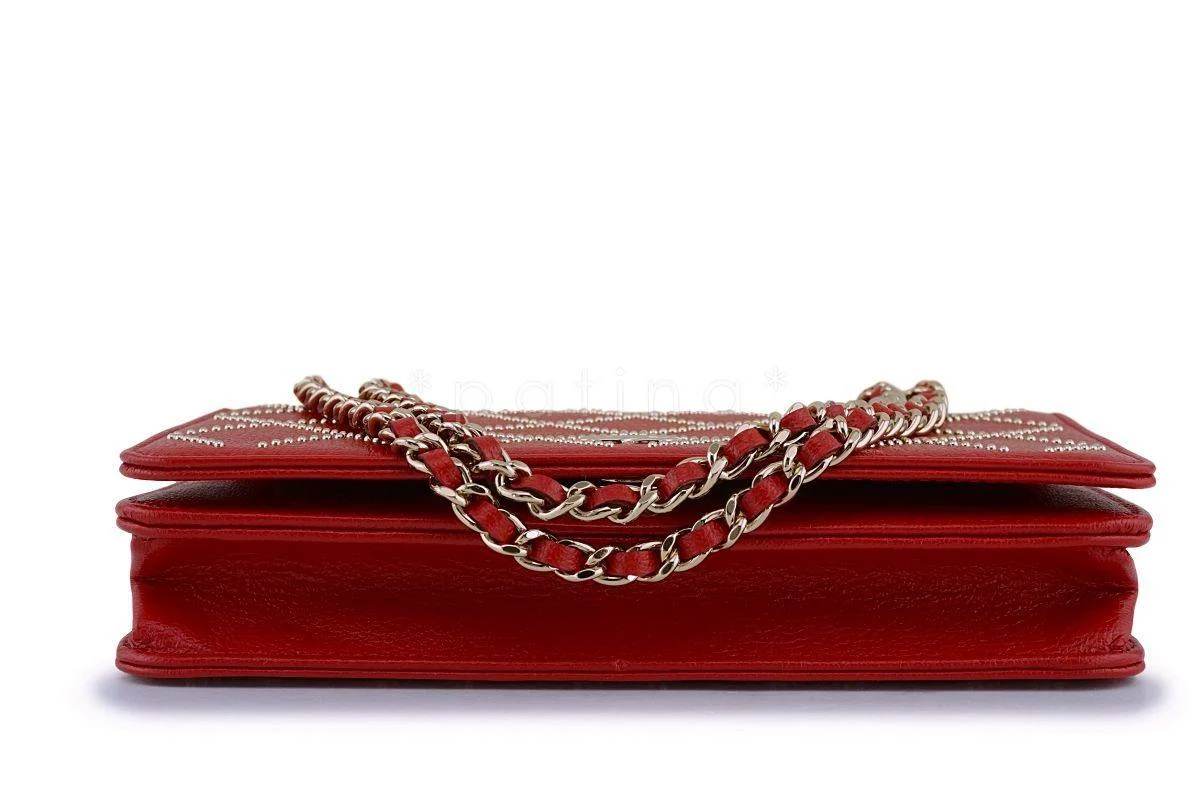 NIB 19P Chanel Red Goatskin Studded Classic Wallet on Chain WOC Flap Bag GHW - Image 6
