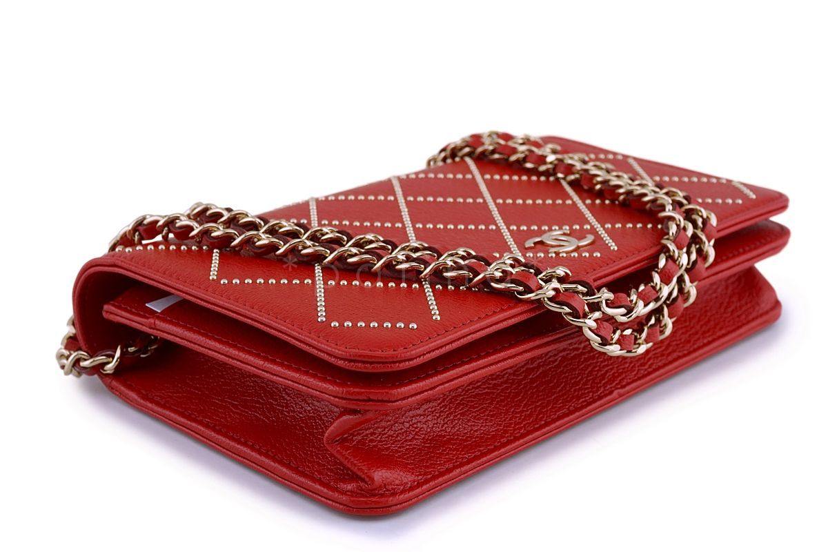 NIB 19P Chanel Red Goatskin Studded Classic Wallet on Chain WOC Flap Bag GHW - Image 7