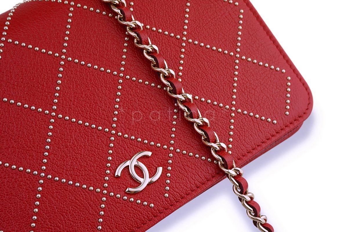 NIB 19P Chanel Red Goatskin Studded Classic Wallet on Chain WOC Flap Bag GHW - Image 8