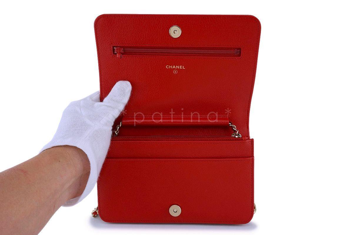 NIB 19P Chanel Red Goatskin Studded Classic Wallet on Chain WOC Flap Bag GHW - Image 9