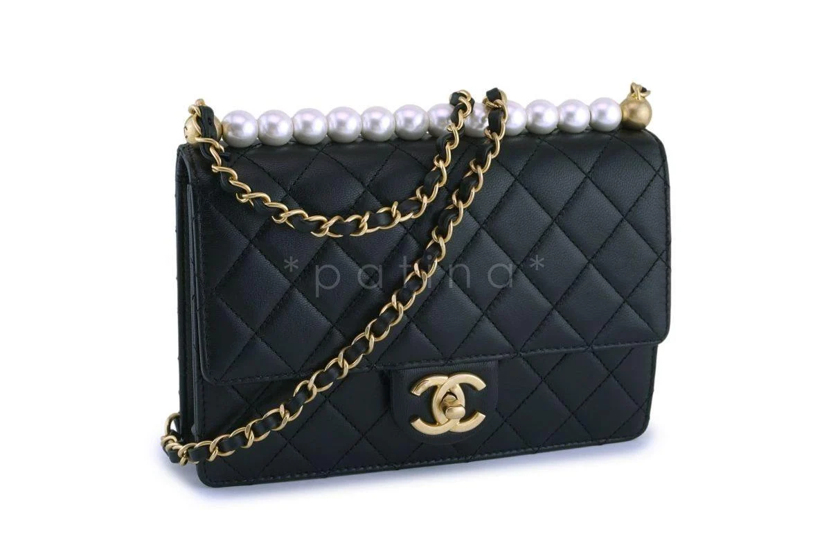 NIB 19S Chanel Black Lambskin Chic Pearls Classic Limited Mini Pearl Flap Bag GHW - Image 2