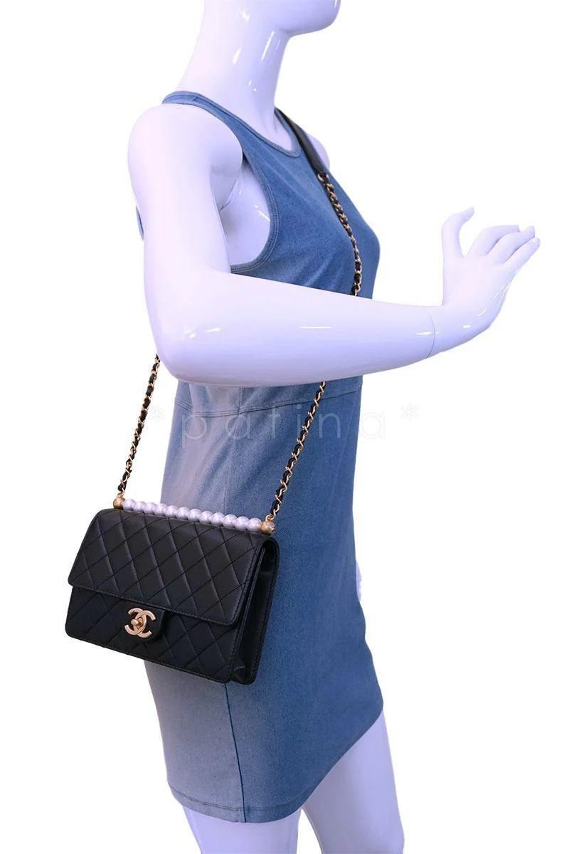 NIB 19S Chanel Black Lambskin Chic Pearls Classic Limited Mini Pearl Flap Bag GHW - Image 15