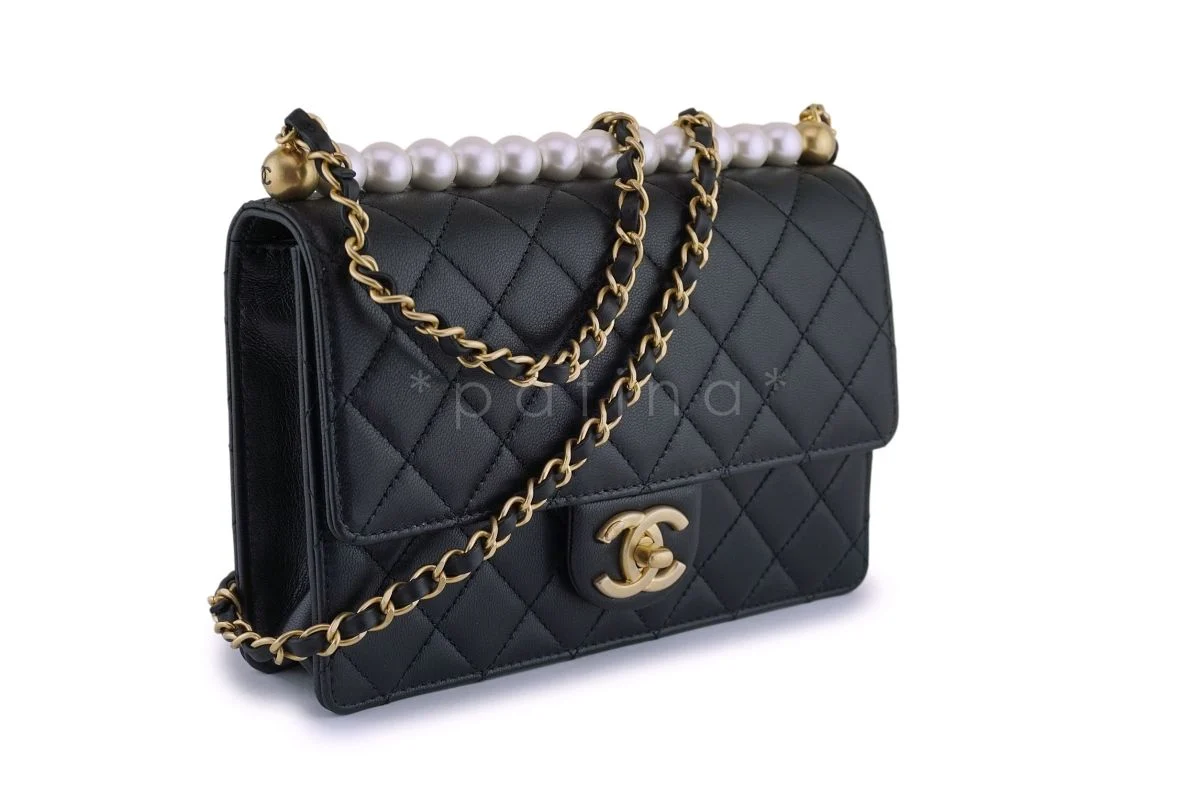 NIB 19S Chanel Black Lambskin Chic Pearls Classic Limited Mini Pearl Flap Bag GHW - Image 2