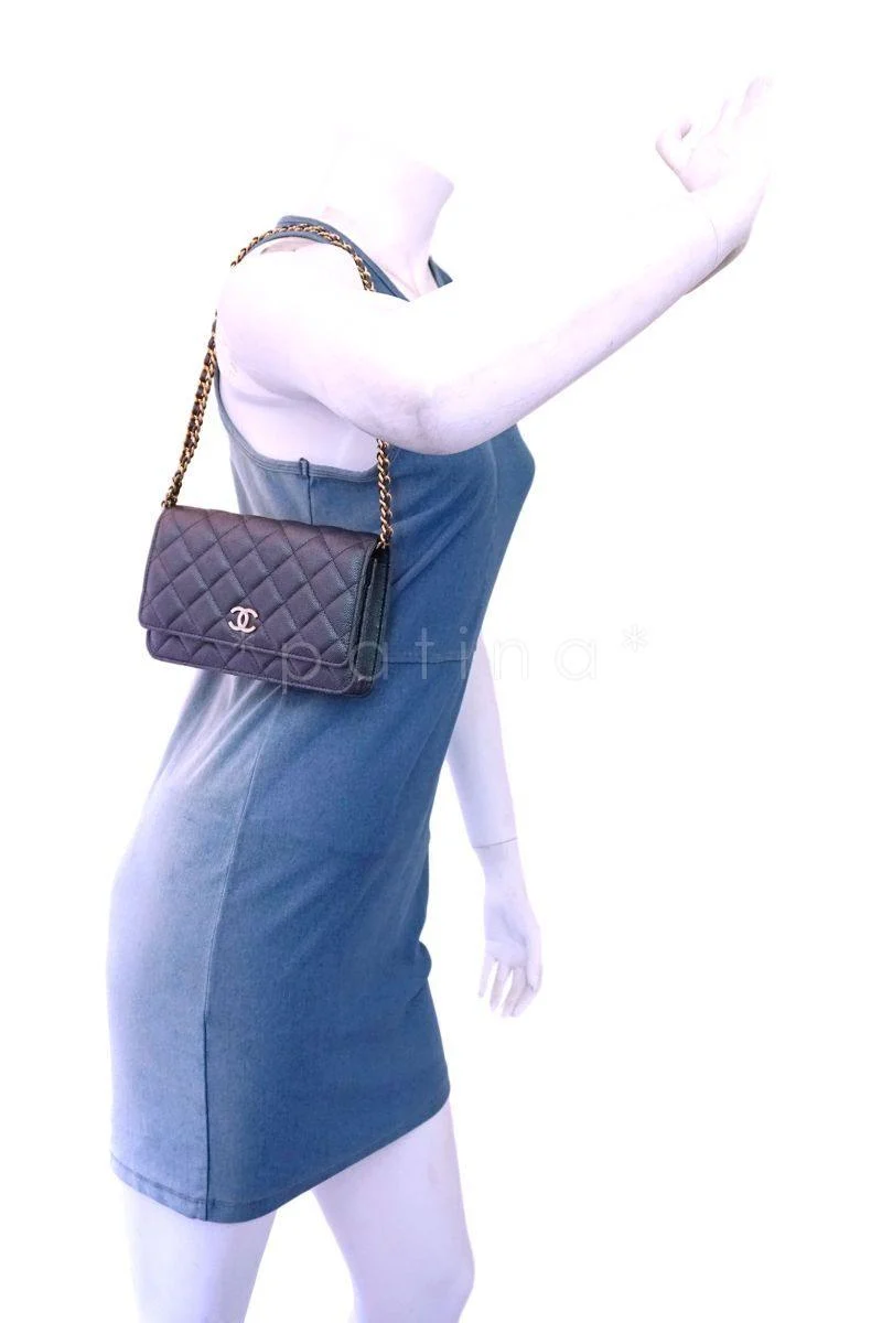 NIB 19S Chanel Iridescent Black Caviar Classic Wallet on Chain Pearly CC WOC Bag - Image 14