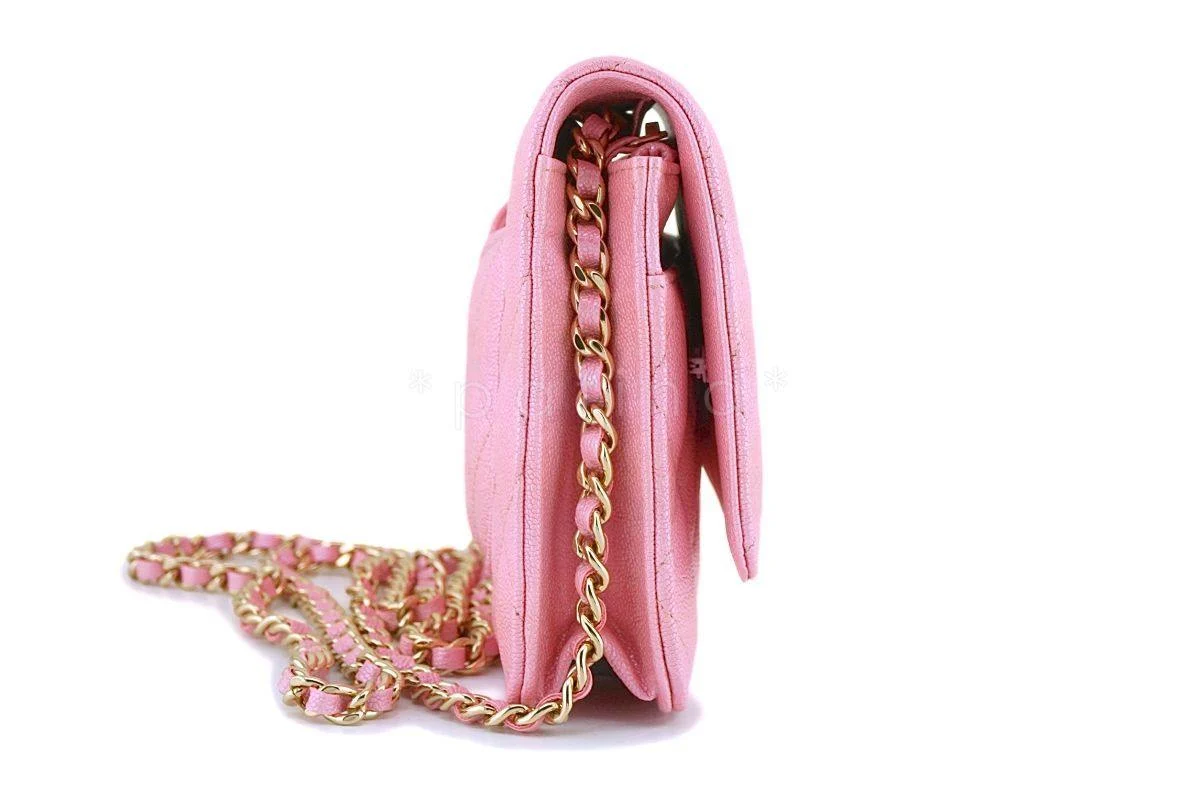 NIB 19S Chanel Iridescent Pearly Pink Classic Wallet on Chain WOC Flap Bag GHW - Image 4