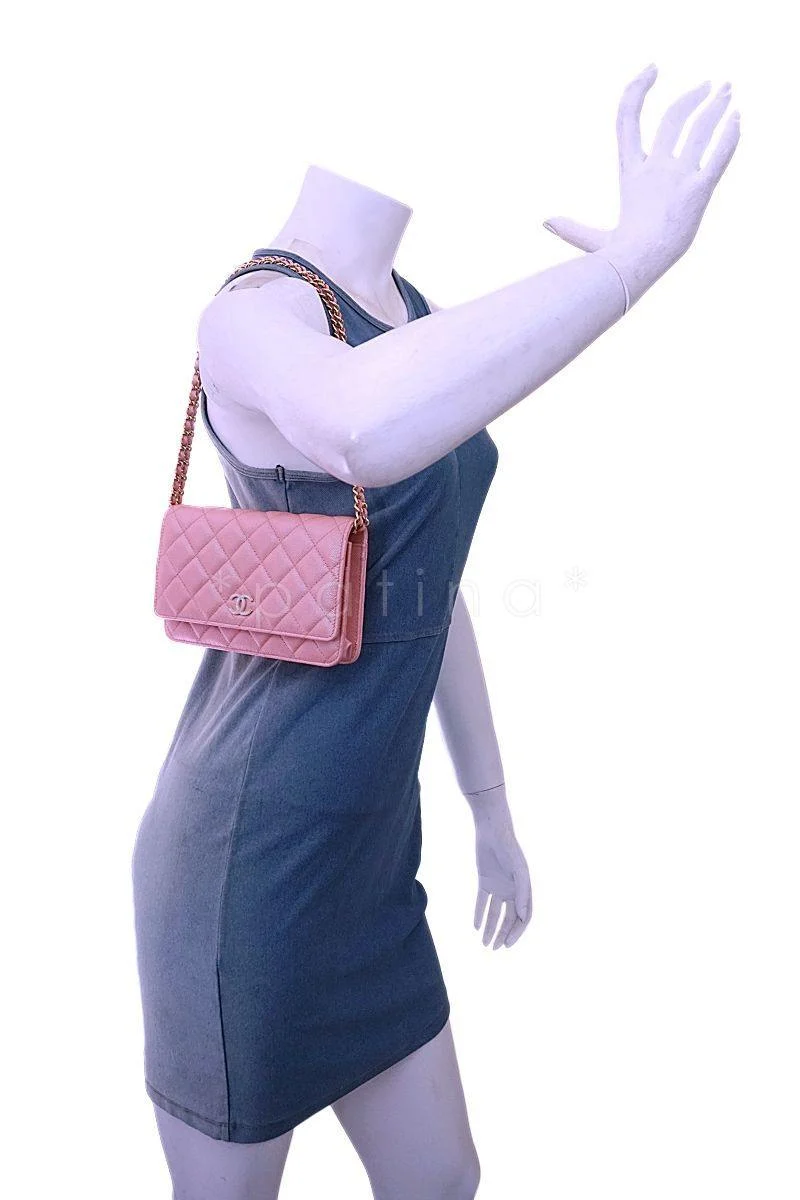 NIB 19S Chanel Iridescent Pink Pearly CC Wallet on Chain WOC Flap Bag - Image 14