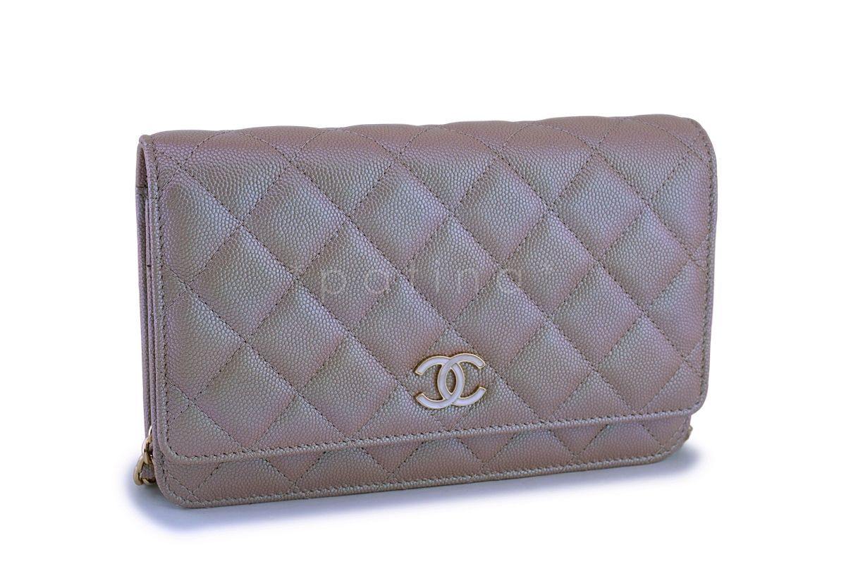 NIB 19S Chanel Iridescent Taupe Beige Rose Gold Pearly CC Wallet on Chain WOC Flap Bag - Image 3
