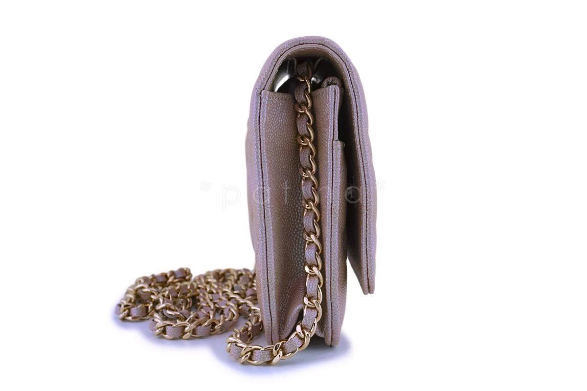 NIB 19S Chanel Iridescent Taupe Beige Rose Gold Pearly CC Wallet on Chain WOC Flap Bag - Image 4