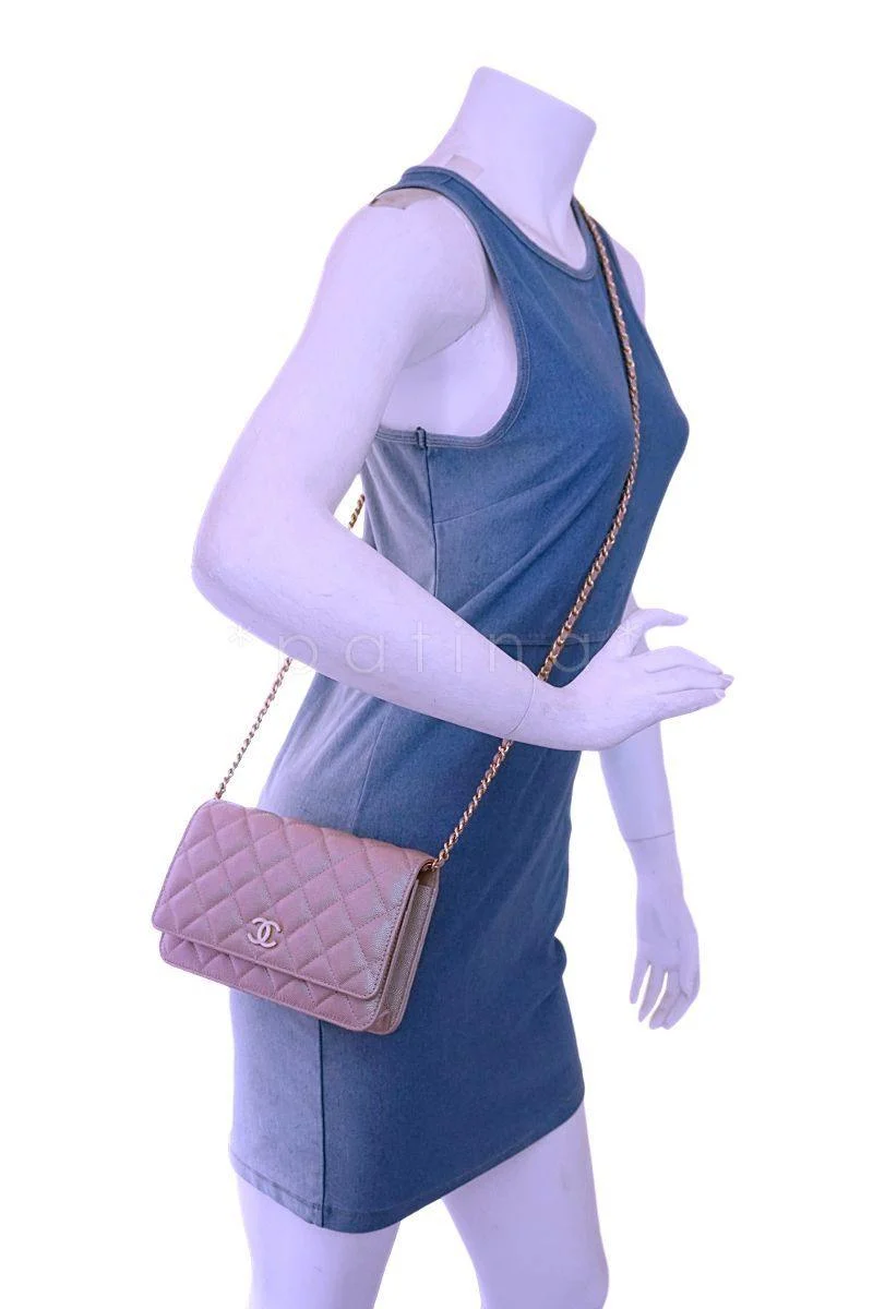 NIB 19S Chanel Iridescent Taupe Beige Rose Gold Pearly CC Wallet on Chain WOC Flap Bag - Image 15