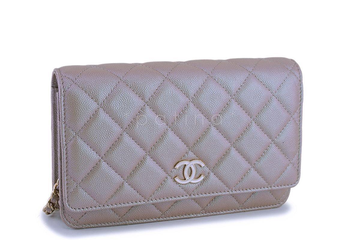 NIB 19S Chanel Iridescent Taupe Beige Rose Gold Pearly CC Wallet on Chain WOC Flap Bag - Image 3