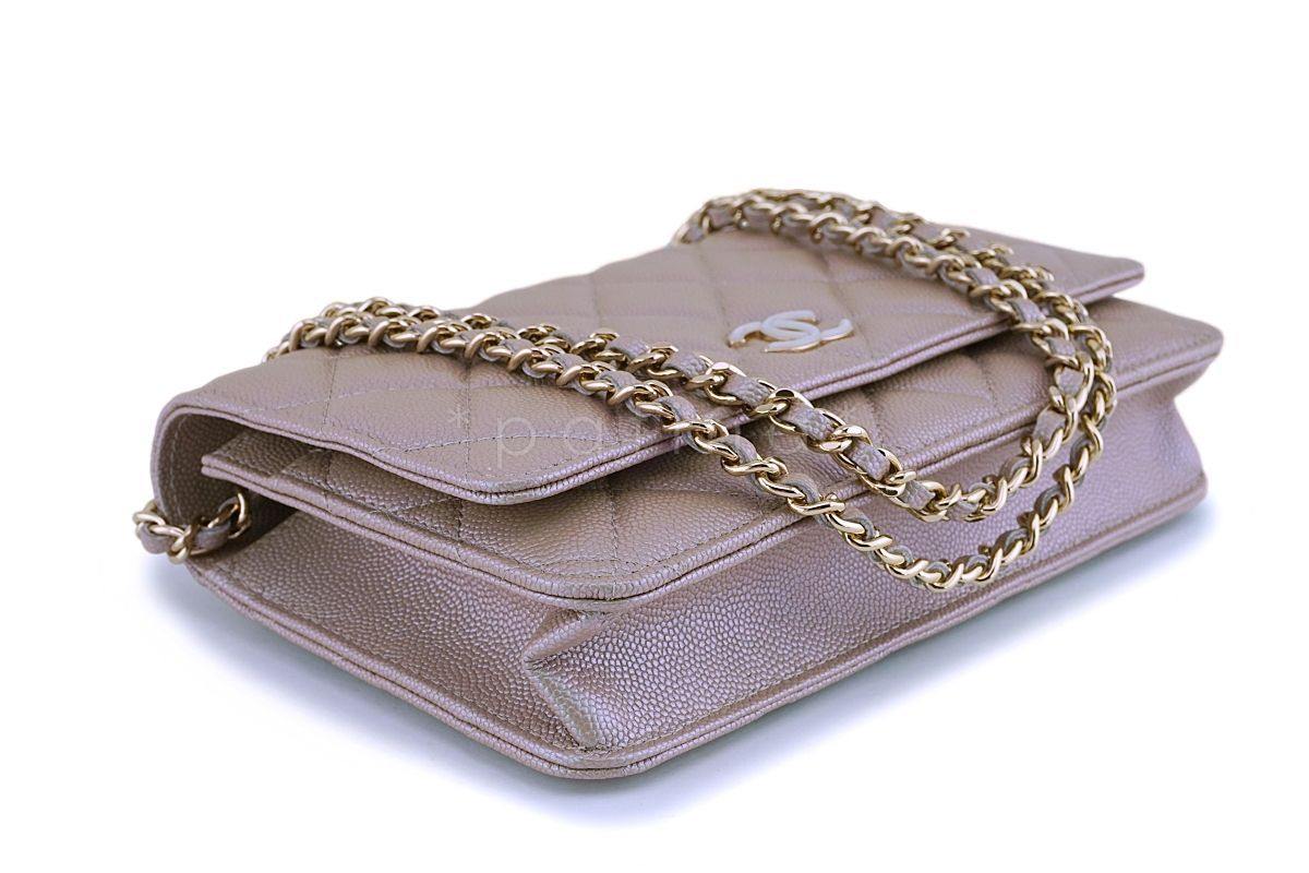 NIB 19S Chanel Iridescent Taupe Beige Rose Gold Pearly CC Wallet on Chain WOC Flap Bag - Image 7