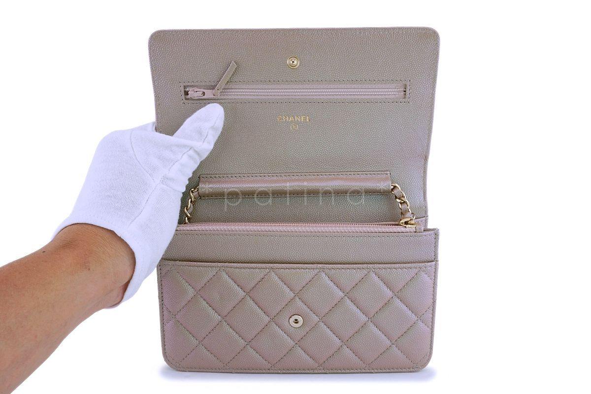 NIB 19S Chanel Iridescent Taupe Beige Rose Gold Pearly CC Wallet on Chain WOC Flap Bag - Image 9