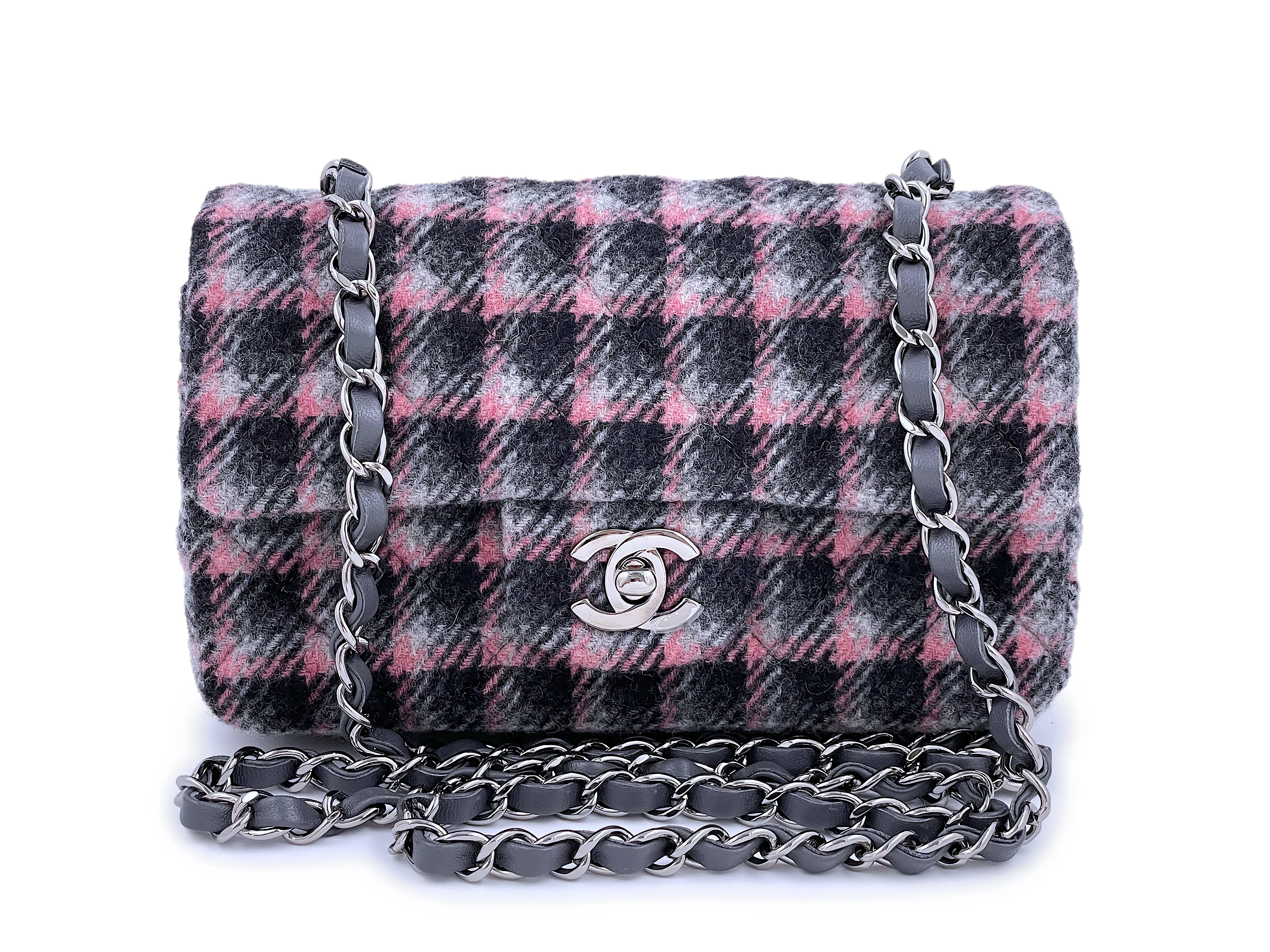 NIB 21B Chanel Rectangular Mini Classic Flap Bag Black/Pink/Gray Tweed Wool SHW