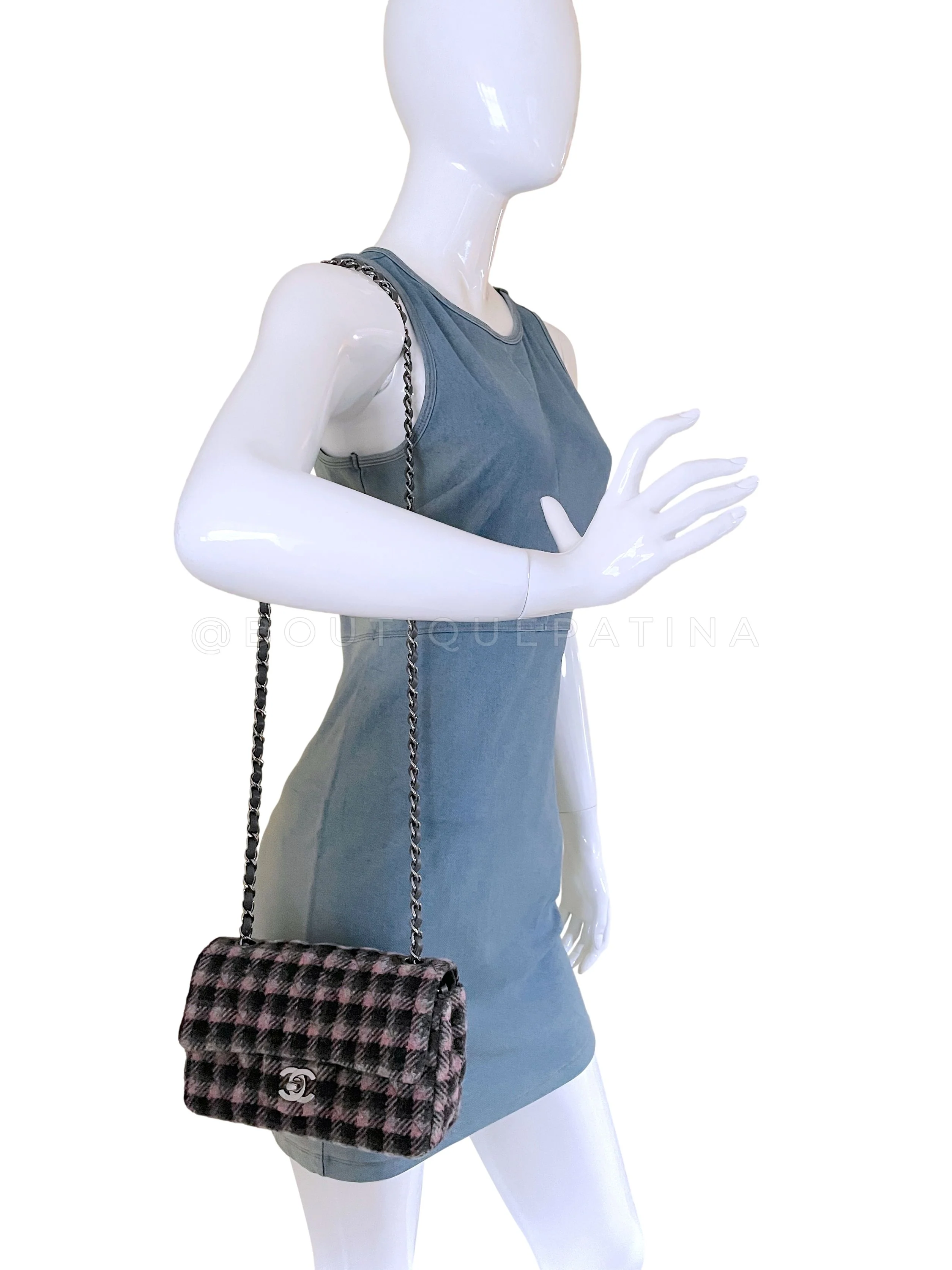 NIB 21B Chanel Rectangular Mini Classic Flap Bag Black/Pink/Gray Tweed Wool SHW - Image 13