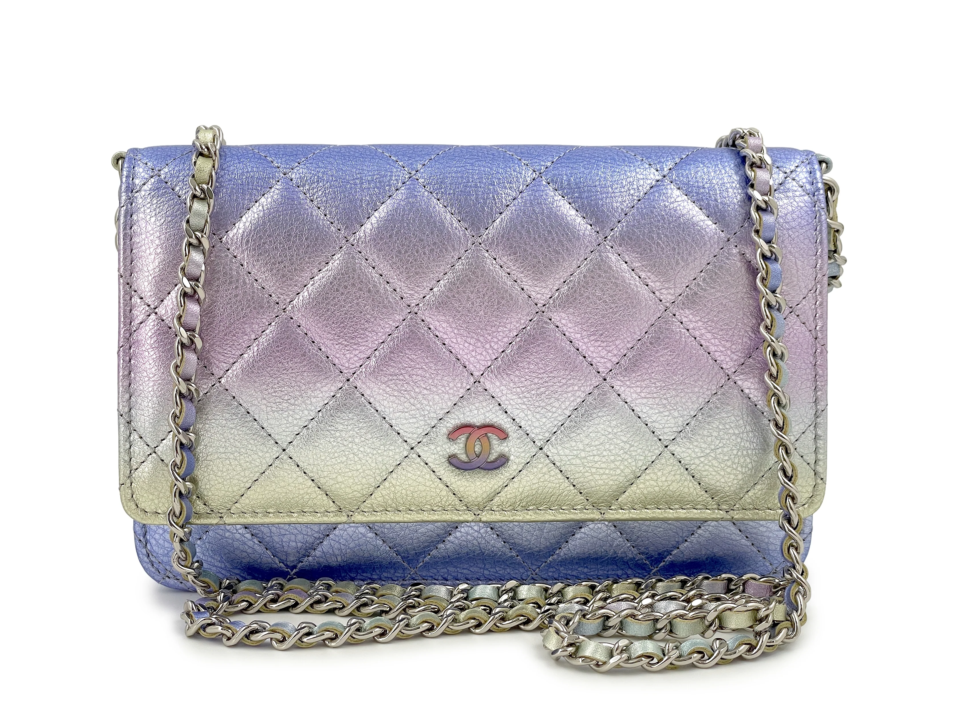 NIB 21K Chanel Iridescent Pink Purple Ombre Wallet on Chain WOC Flap Bag