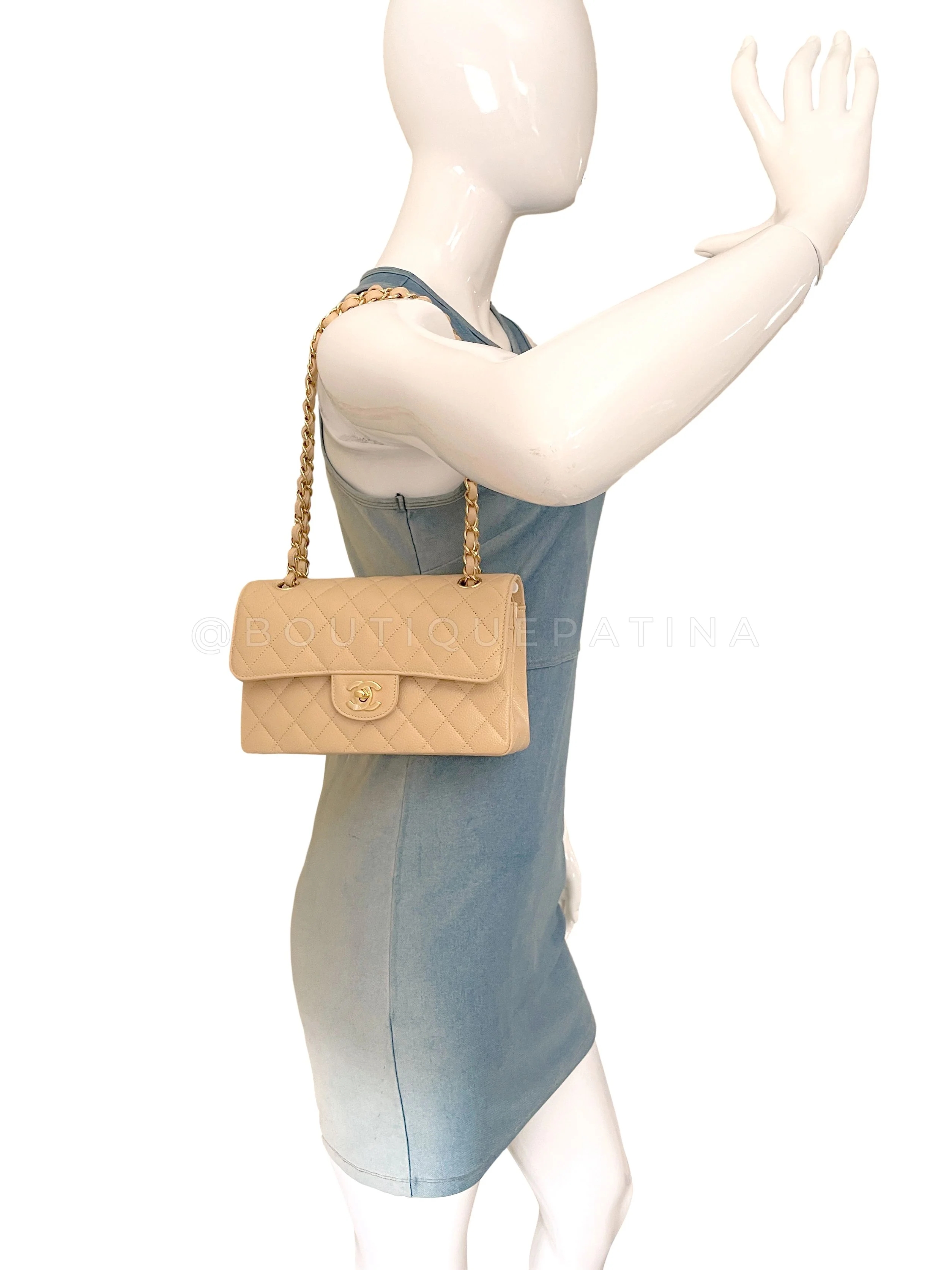 NIB Chanel Beige Caviar Small Classic Double Flap Bag GHW - Image 14
