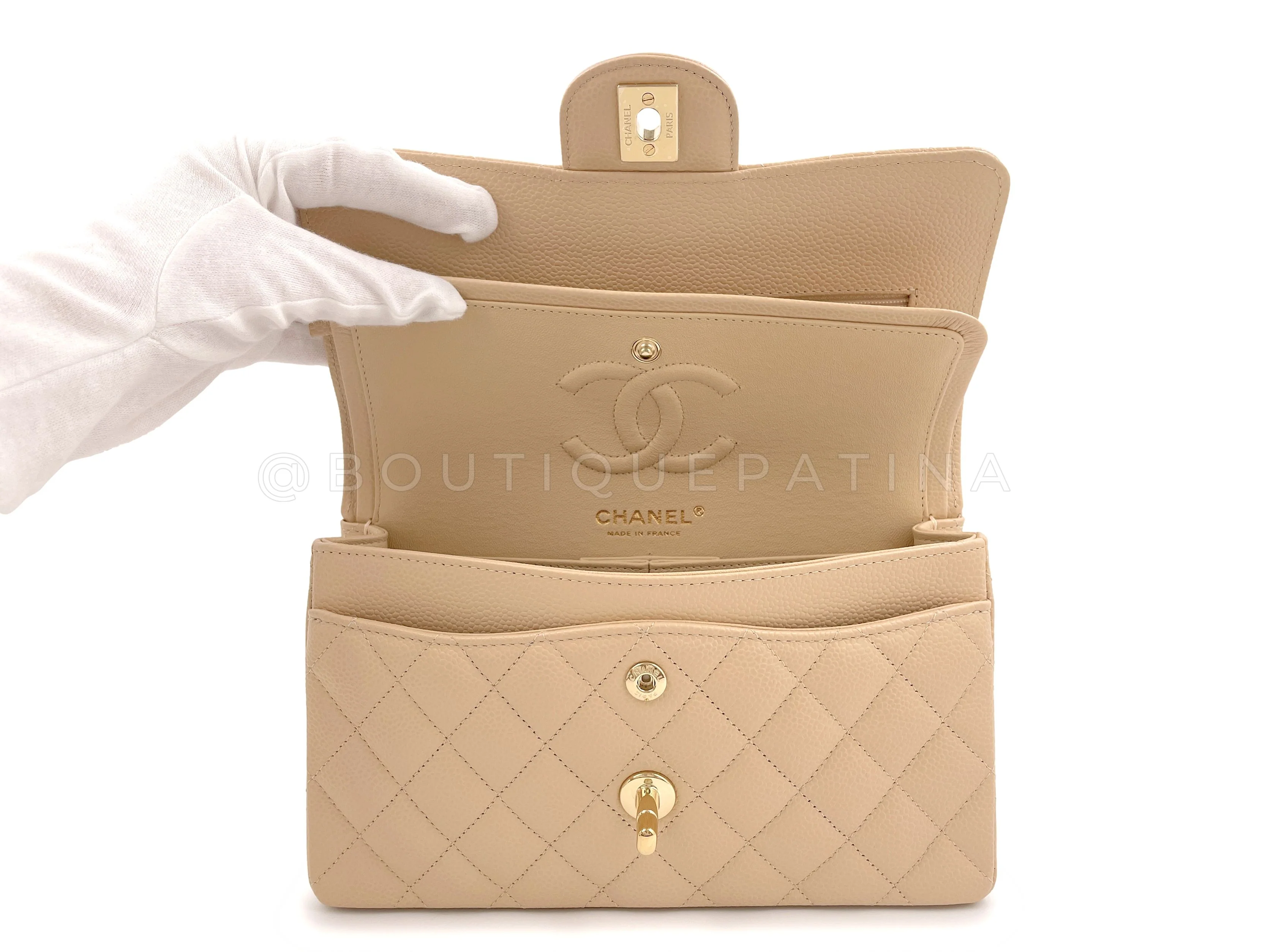 NIB Chanel Beige Caviar Small Classic Double Flap Bag GHW - Image 9