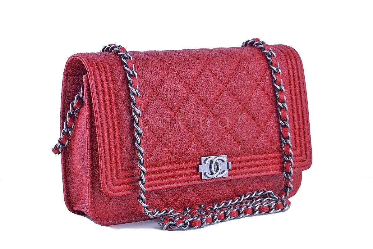 NWT 16A Chanel Red Caviar Boy Classic Quilted WOC Wallet on Chain Flap Bag - Image 2