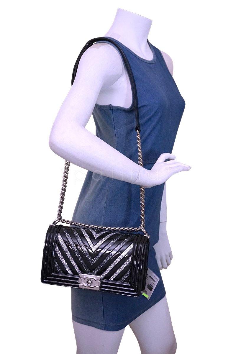 NWT 17K Chanel Black Glitter Chevron Patent Boy Flap Medium Bag - Image 14