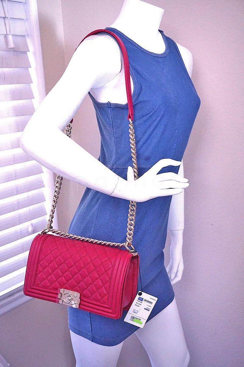 NWT 17P Chanel Fuchsia Pink Le Boy Classic Flap, Medium Caviar Bag - Image 14