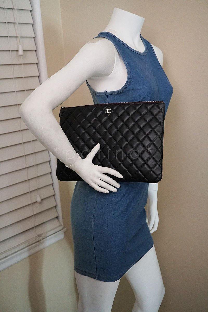 NWT 17S Chanel Large Black Lambskin Classic Quilted O Case Clutch Purse Bag - Image 9