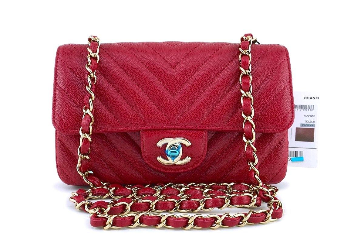 NWT 18B Chanel Pink Red Caviar Chevron Rectangular Mini Classic Flap Bag