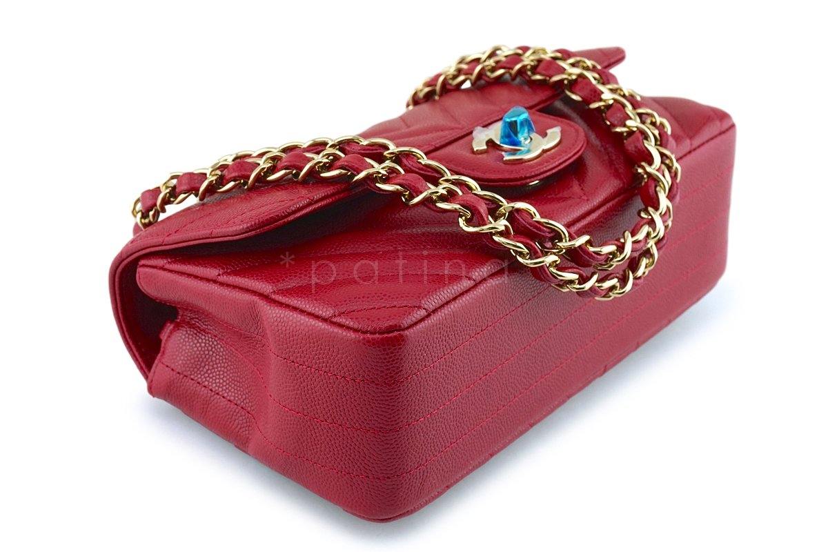 NWT 18B Chanel Pink Red Caviar Chevron Rectangular Mini Classic Flap Bag - Image 7