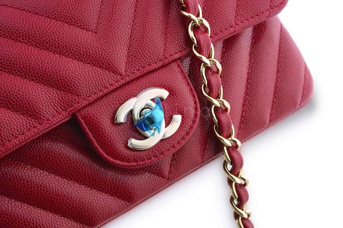 NWT 18B Chanel Pink Red Caviar Chevron Rectangular Mini Classic Flap Bag - Image 8