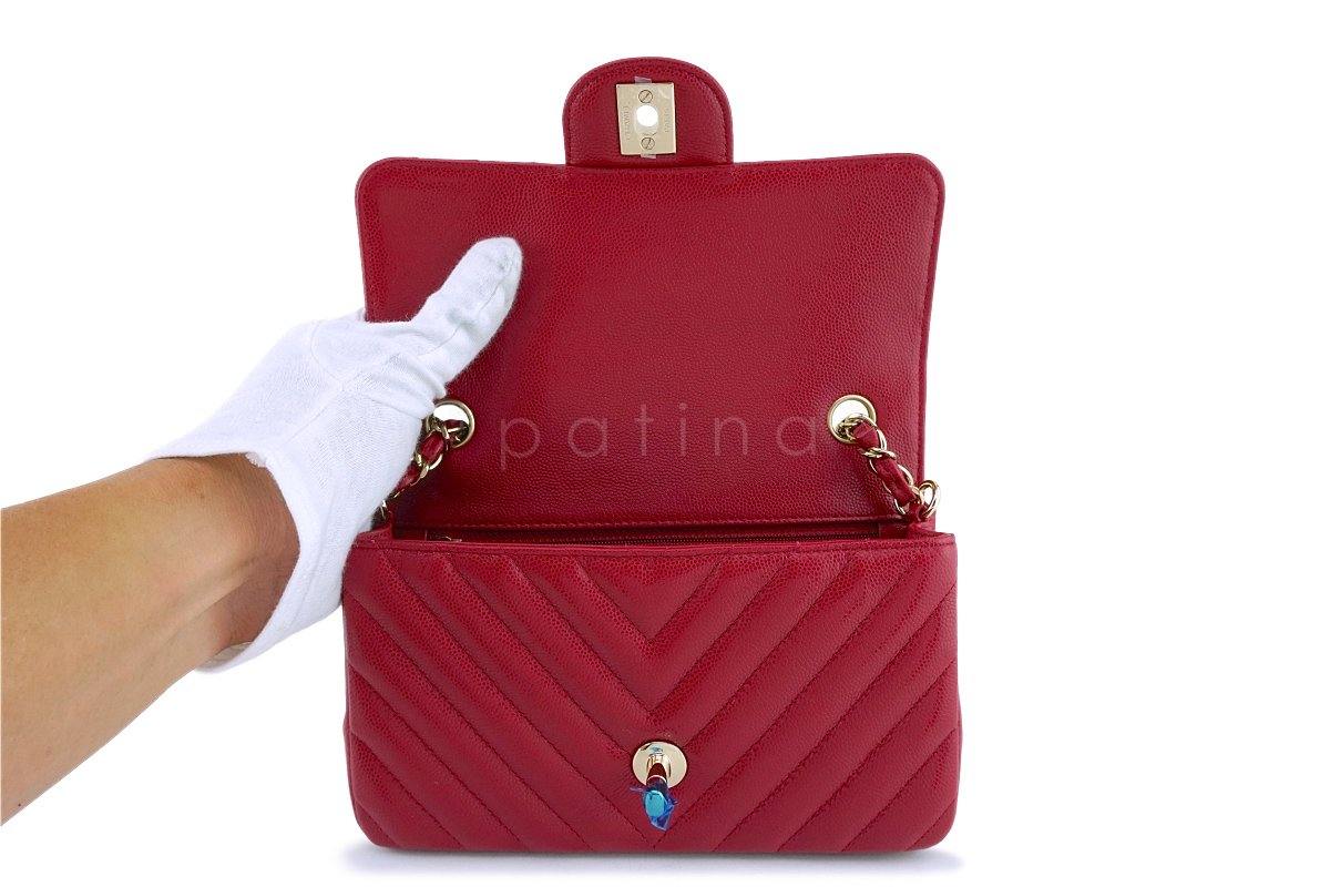 NWT 18B Chanel Pink Red Caviar Chevron Rectangular Mini Classic Flap Bag - Image 9