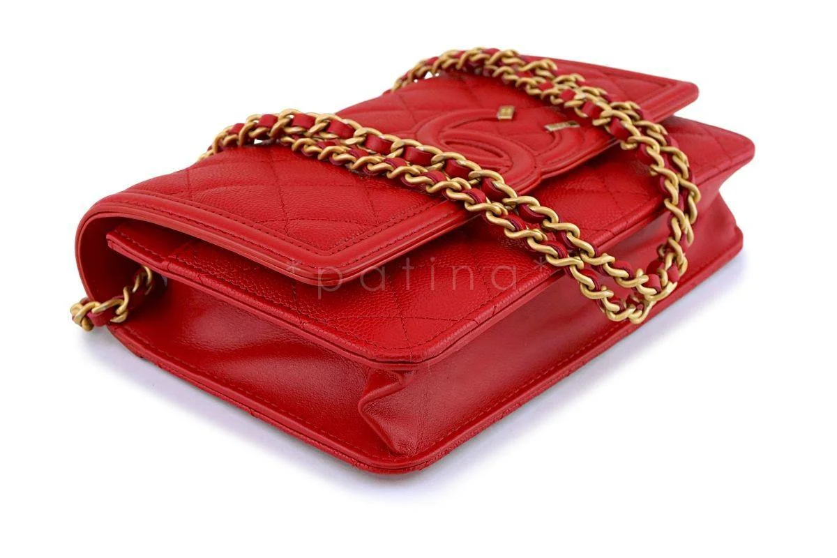 NIB 18P Chanel Red Caviar Filigree WOC Wallet on Chain Flap Bag - Image 7