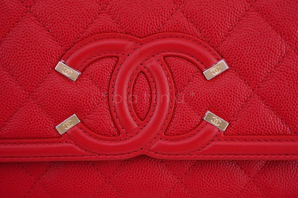 NIB 18P Chanel Red Caviar Filigree WOC Wallet on Chain Flap Bag - Image 8