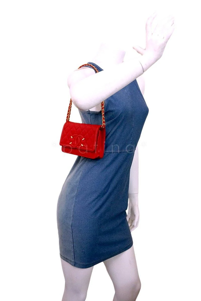 NWT 18P Chanel Red Caviar Filligree WOC Wallet on Chain Flap Bag - Image 14