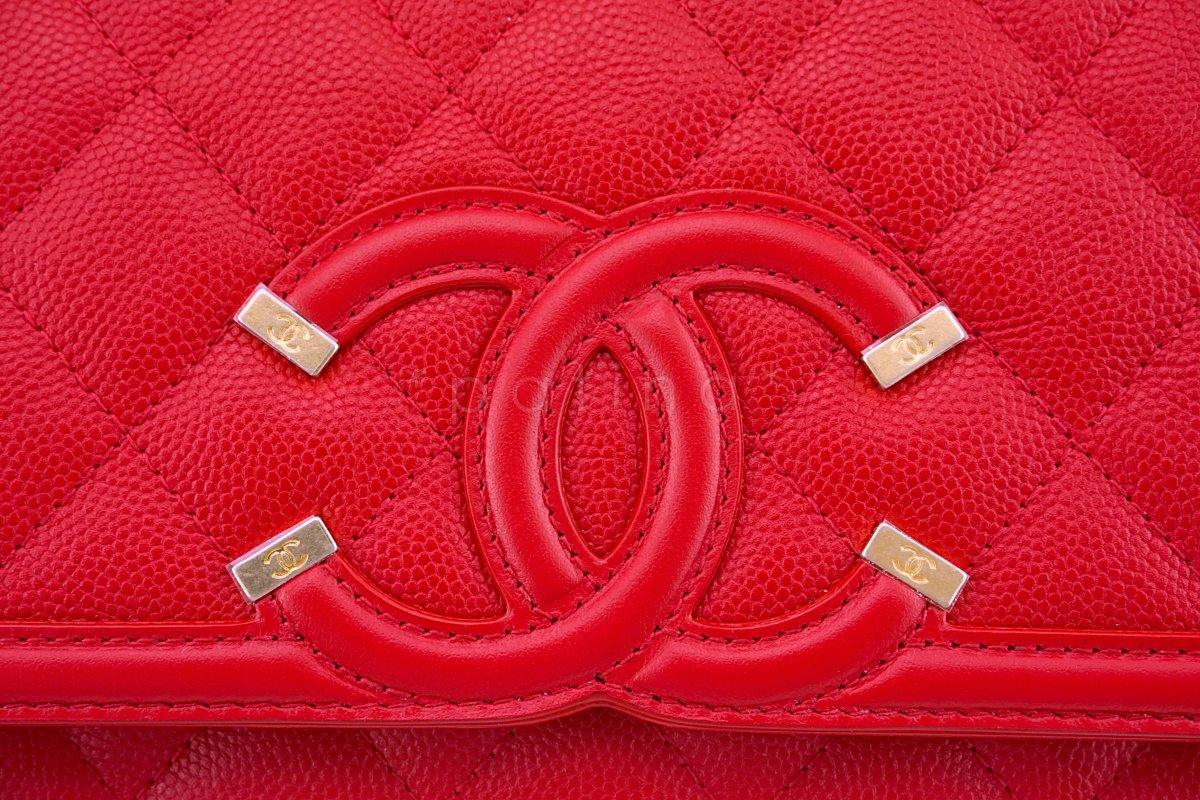 NWT 18P Chanel Red Caviar Filligree WOC Wallet on Chain Flap Bag - Image 7