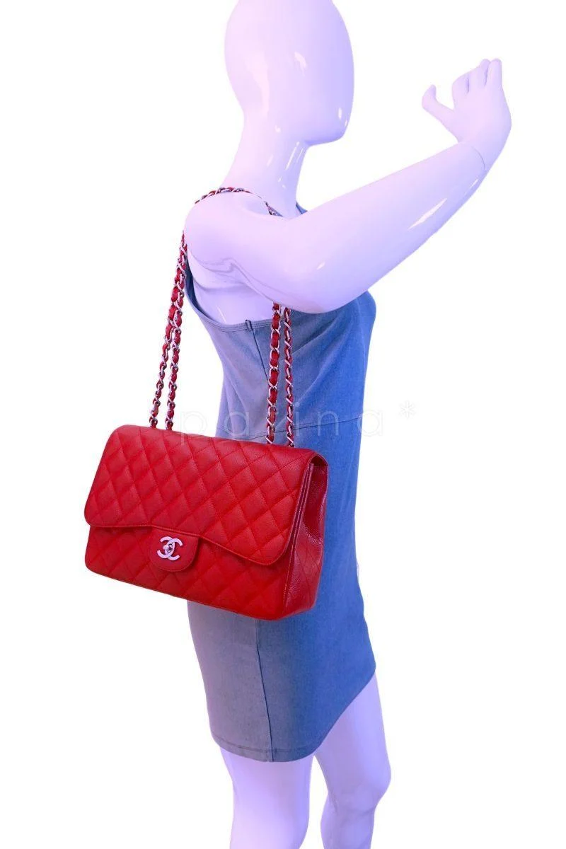 Rare 10C Chanel Red Caviar Jumbo Classic Flap Bag SHW - Image 13