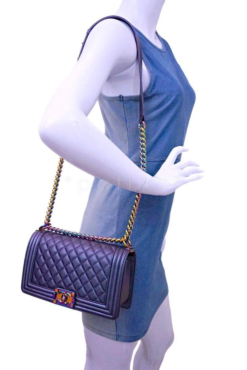 Rare 16C Chanel Rainbow Mermaid Purple Iridescent Medium Boy Bag - Image 14
