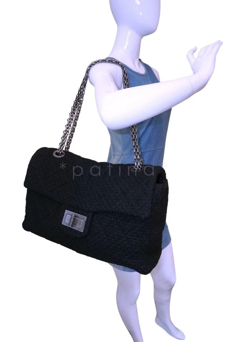 Rare Chanel Black Tweed XXL Supermodel Reissue Flap Bag Weekender RHW - Image 13