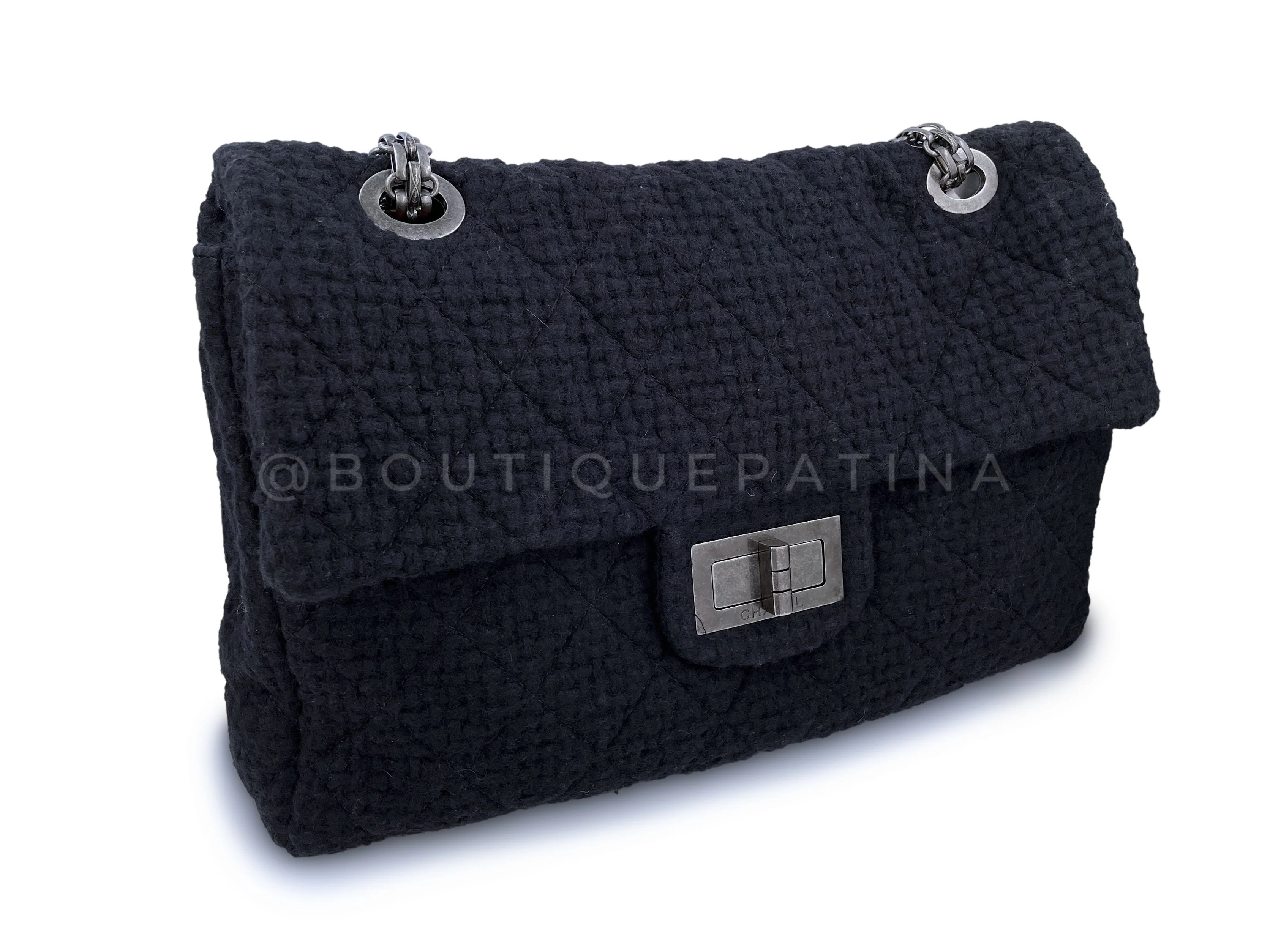 Rare Chanel Black Tweed XXL Supermodel Reissue Flap Bag Weekender RHW - Image 3
