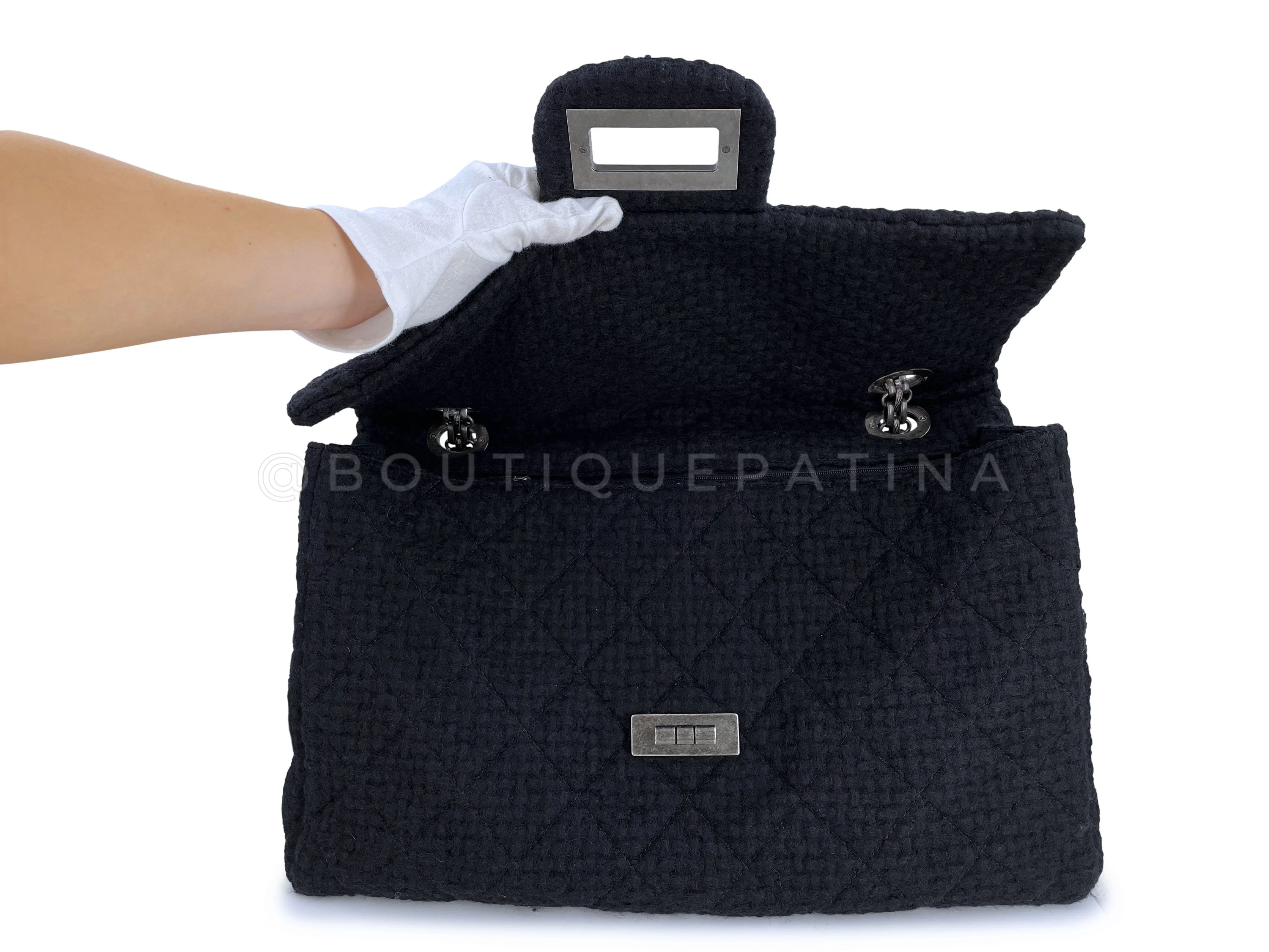 Rare Chanel Black Tweed XXL Supermodel Reissue Flap Bag Weekender RHW - Image 9