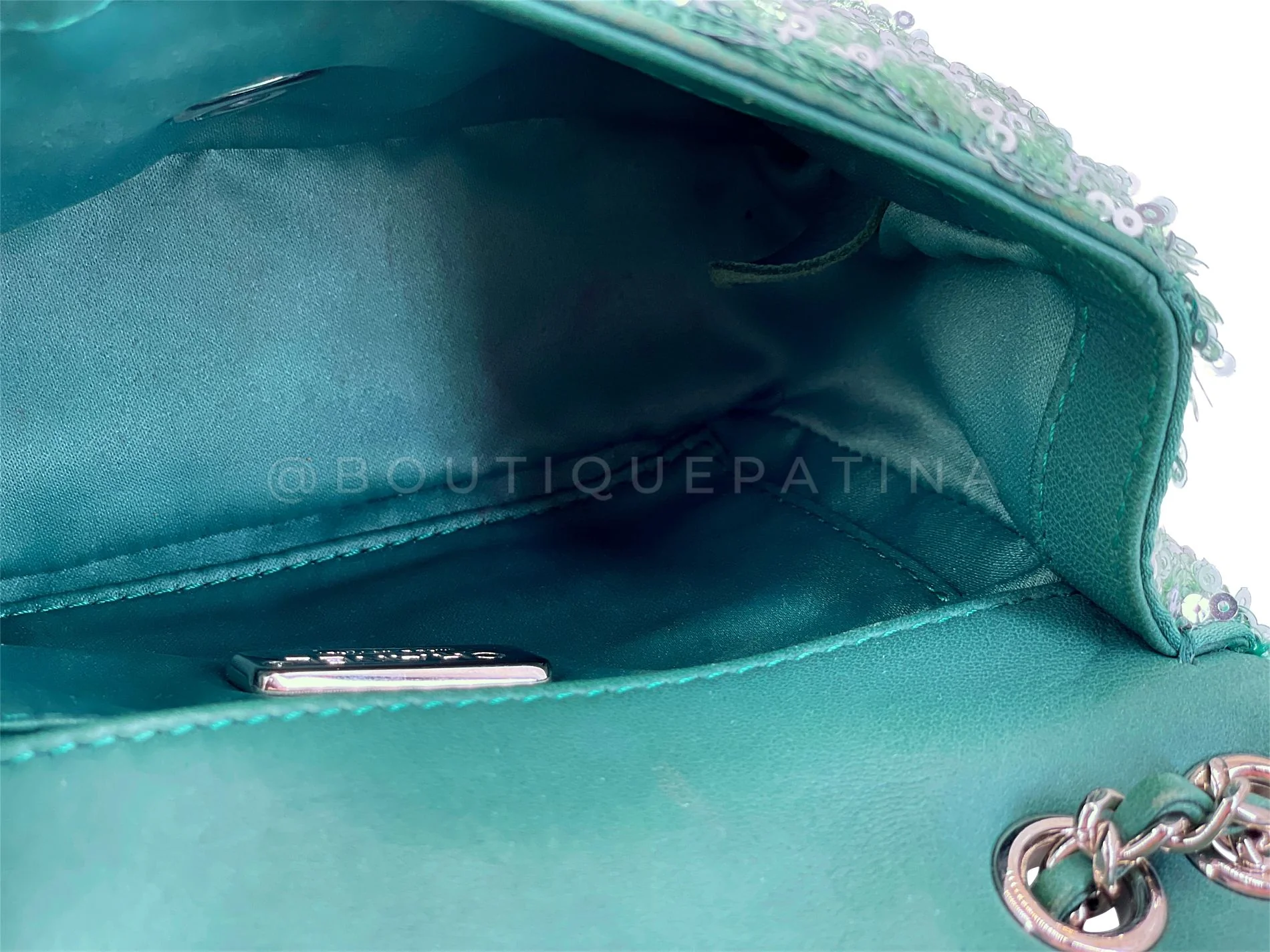 Rare Chanel Mermaid Green Sequins Mini Flap Bag Etched CC SHW KMD - Image 11