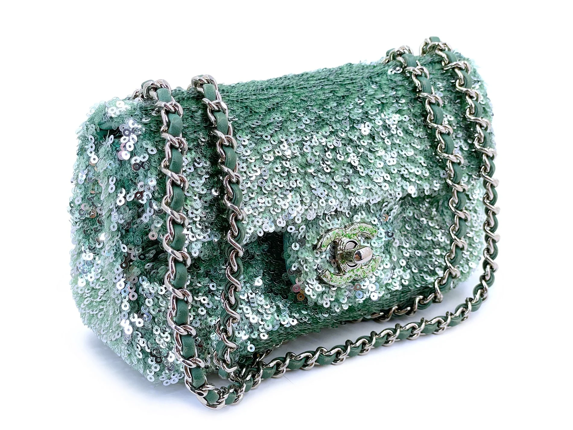Rare Chanel Mermaid Green Sequins Mini Flap Bag Etched CC SHW KMD - Image 2