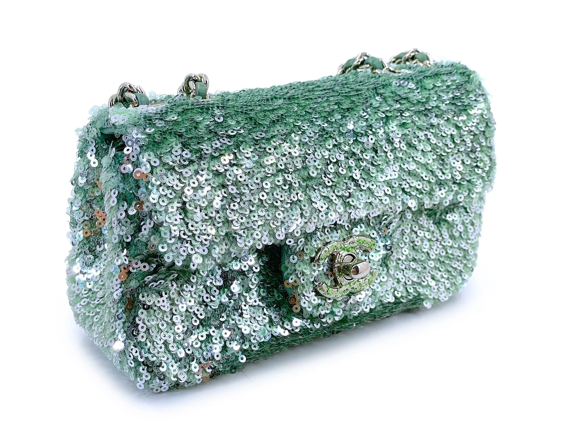 Rare Chanel Mermaid Green Sequins Mini Flap Bag Etched CC SHW KMD - Image 3