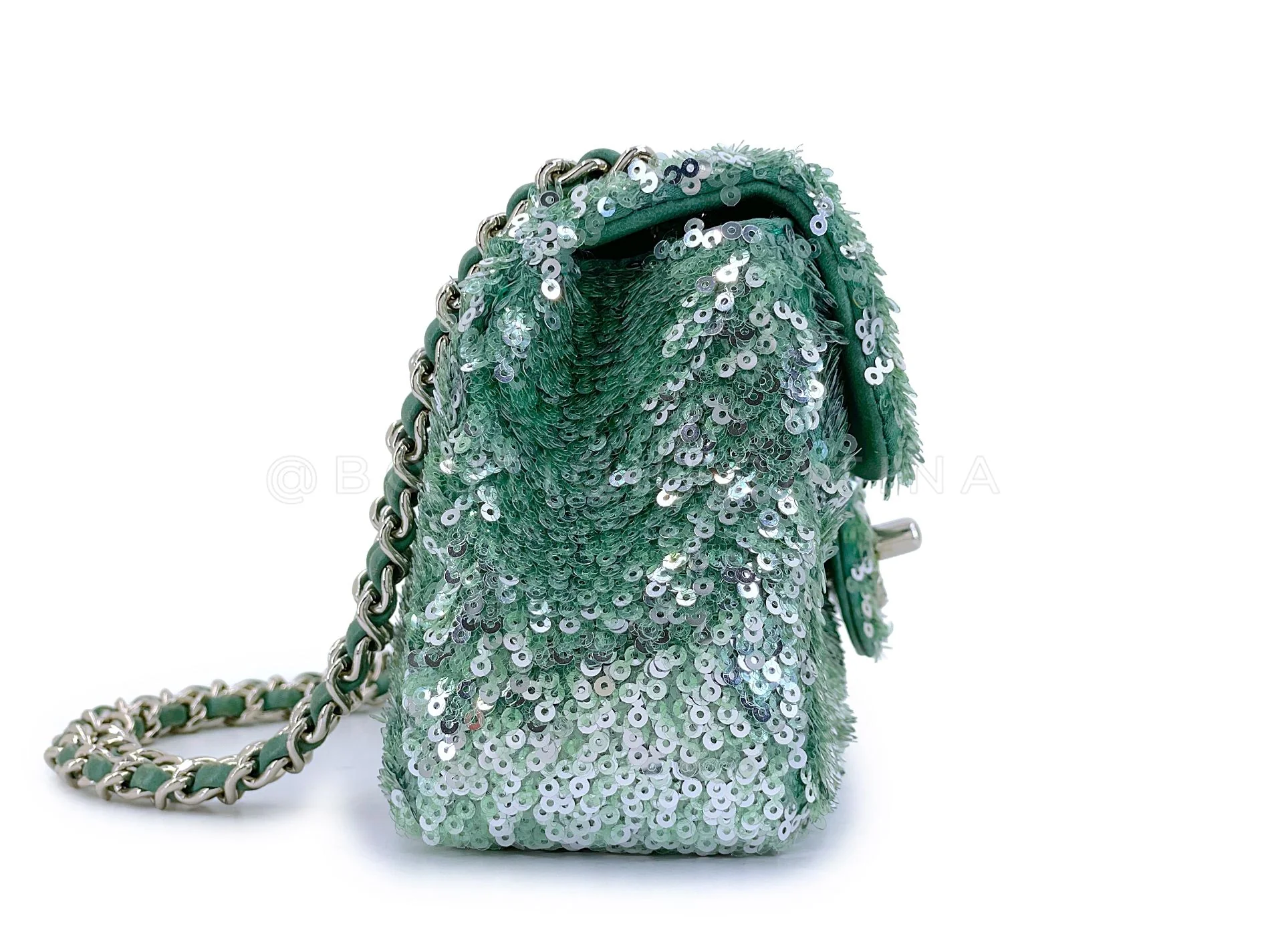 Rare Chanel Mermaid Green Sequins Mini Flap Bag Etched CC SHW KMD - Image 4