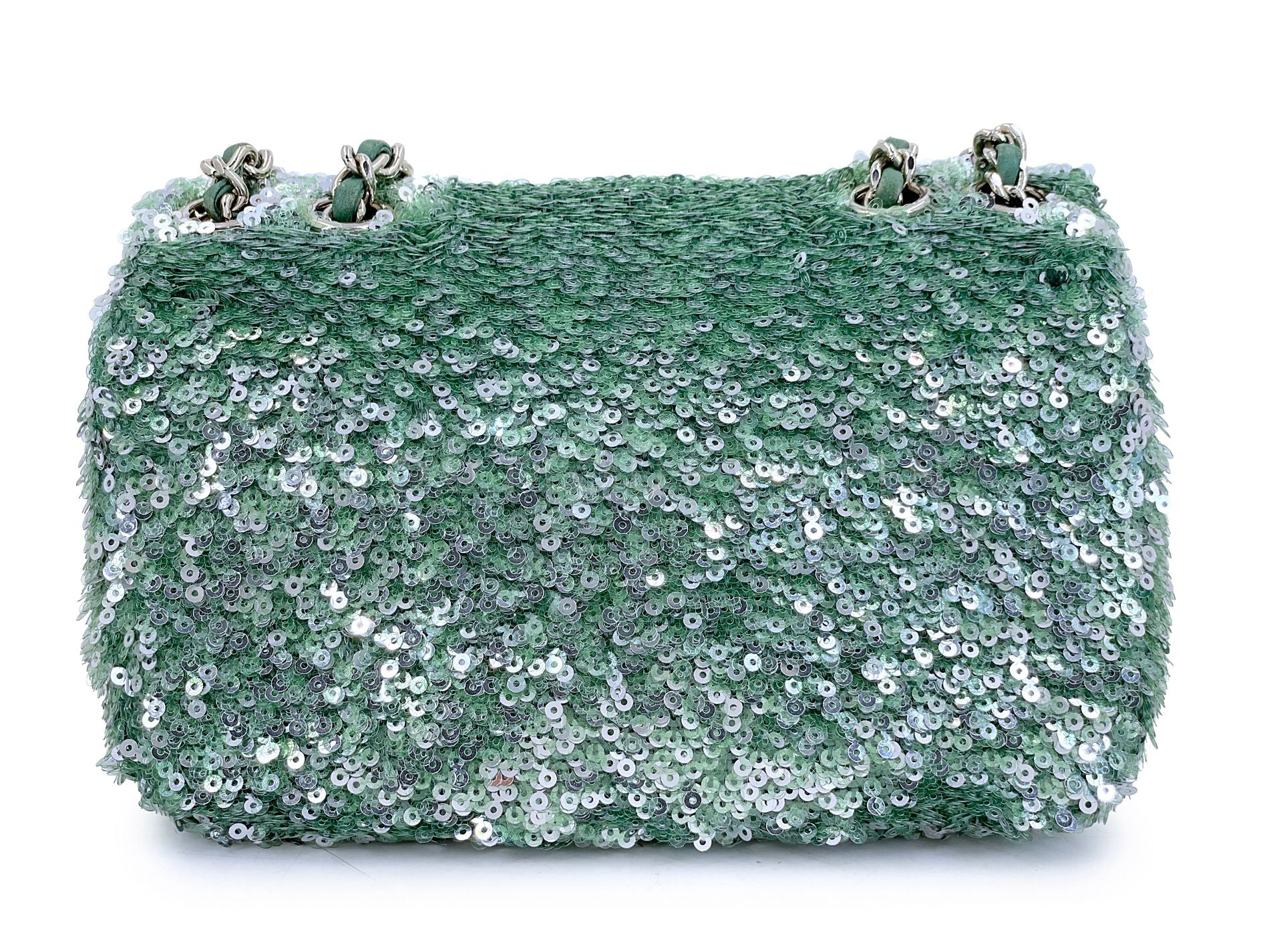 Rare Chanel Mermaid Green Sequins Mini Flap Bag Etched CC SHW KMD - Image 5