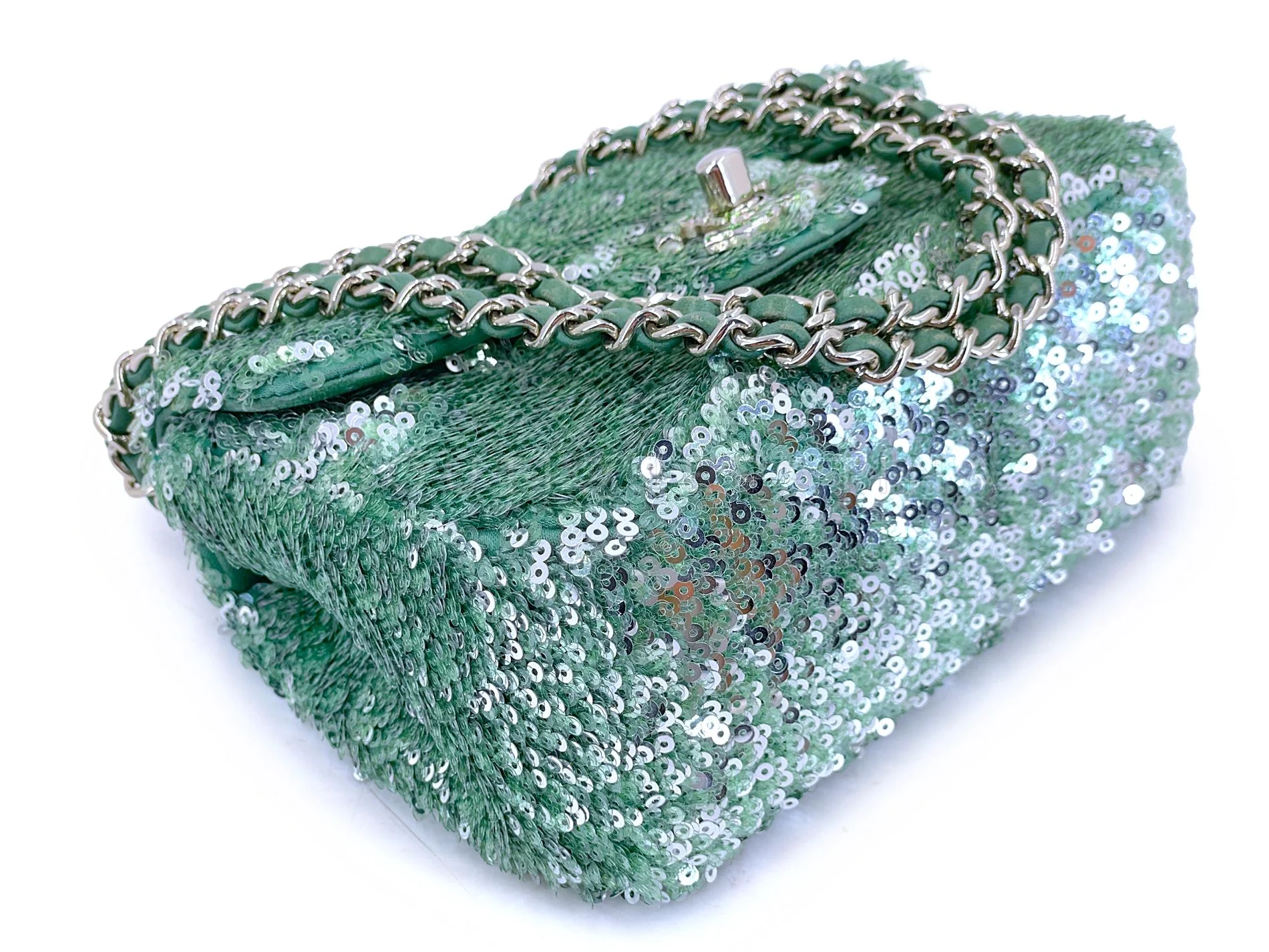 Rare Chanel Mermaid Green Sequins Mini Flap Bag Etched CC SHW KMD - Image 7